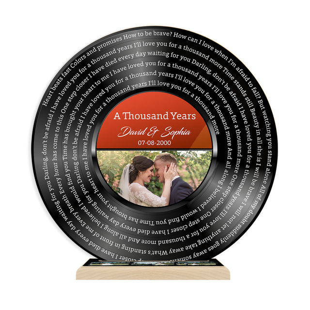 Custom Photo Song Lyrics, Black Acrylic Record with Wooden Stand