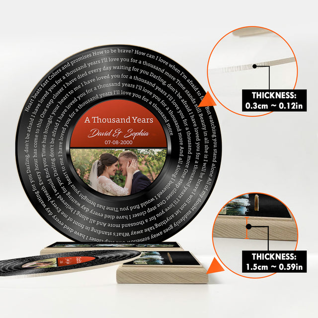 Custom Photo Song Lyrics, Black Acrylic Record with Wooden Stand