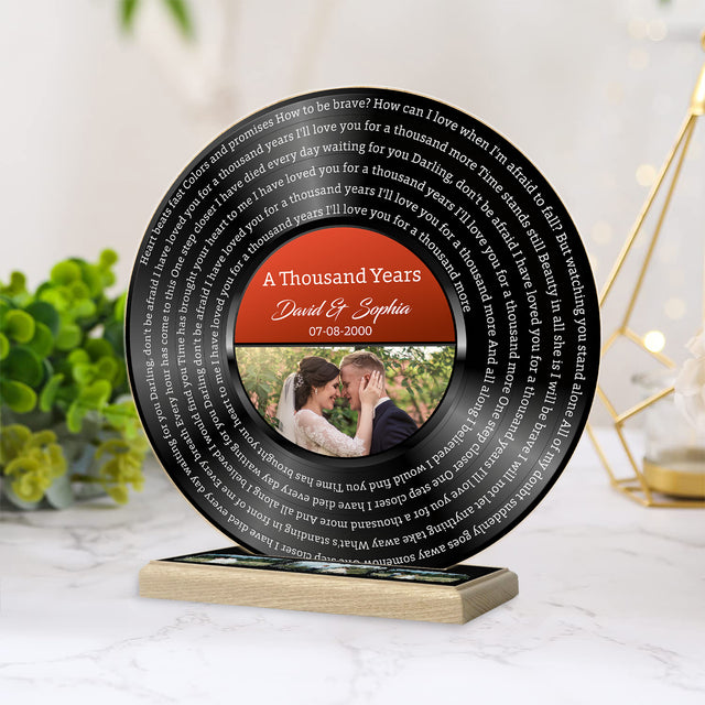 Custom Photo Song Lyrics, Black Acrylic Record with Wooden Stand