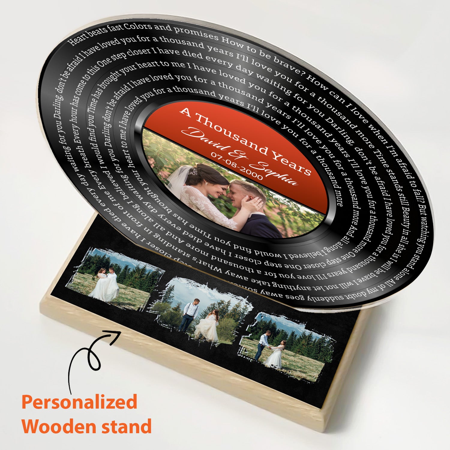 Custom Photo Song Lyrics, Black Acrylic Record with Wooden Stand