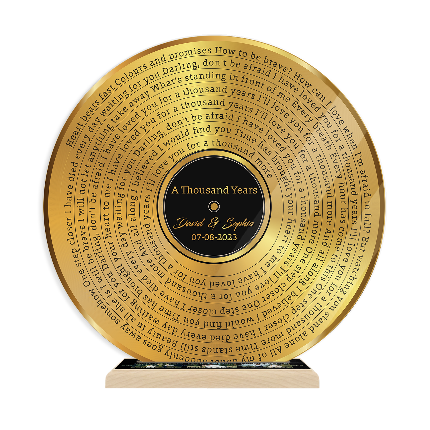 Custom Song Lyrics & Upload Photo, Gold Acrylic Record