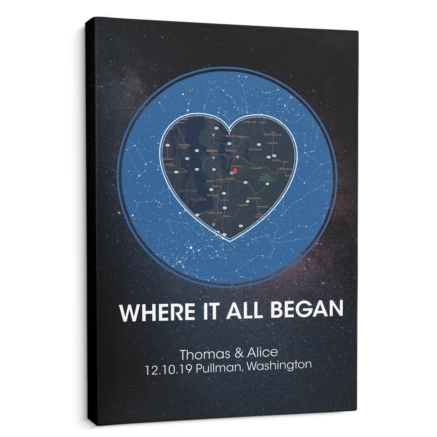 Custom Map And Star Map, Customizable Text Black Background Canvas