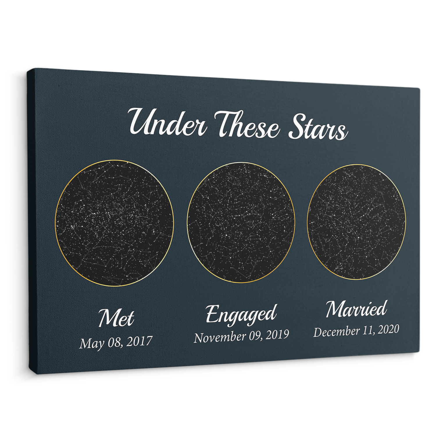 Met - Engaged - Married Custom Star Map And Text Circle Art Navy Background Canvas