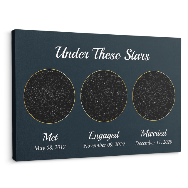Met - Engaged - Married Custom Star Map And Text Circle Art Navy Background Canvas