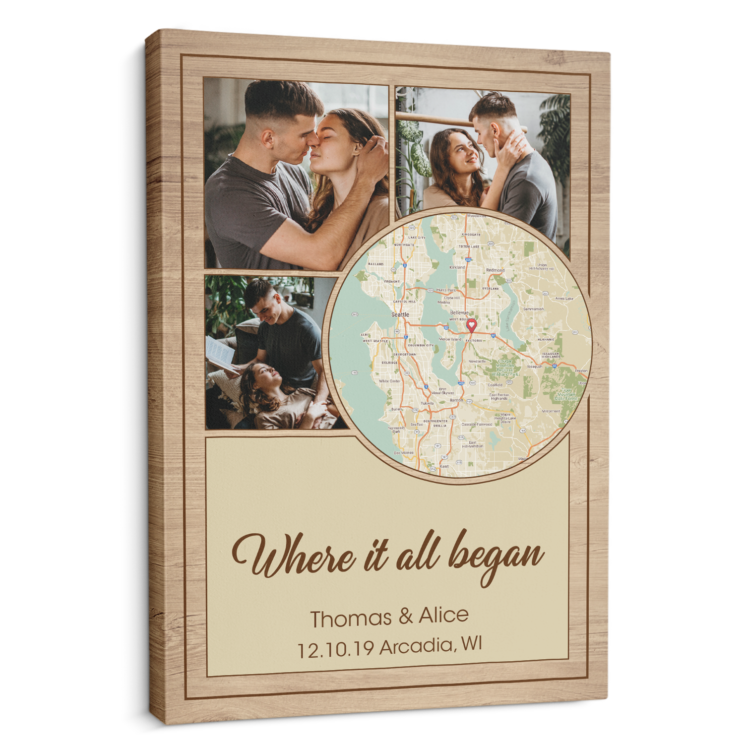 Custom Map Print And Photo 2 In 1 Wood Background Canvas Art Print