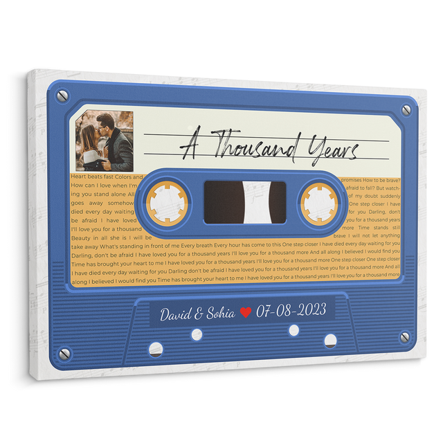 Custom Song Lyrics, Customizable Text And Upload Photo, Blue Cassette Tape Canvas Wall Art