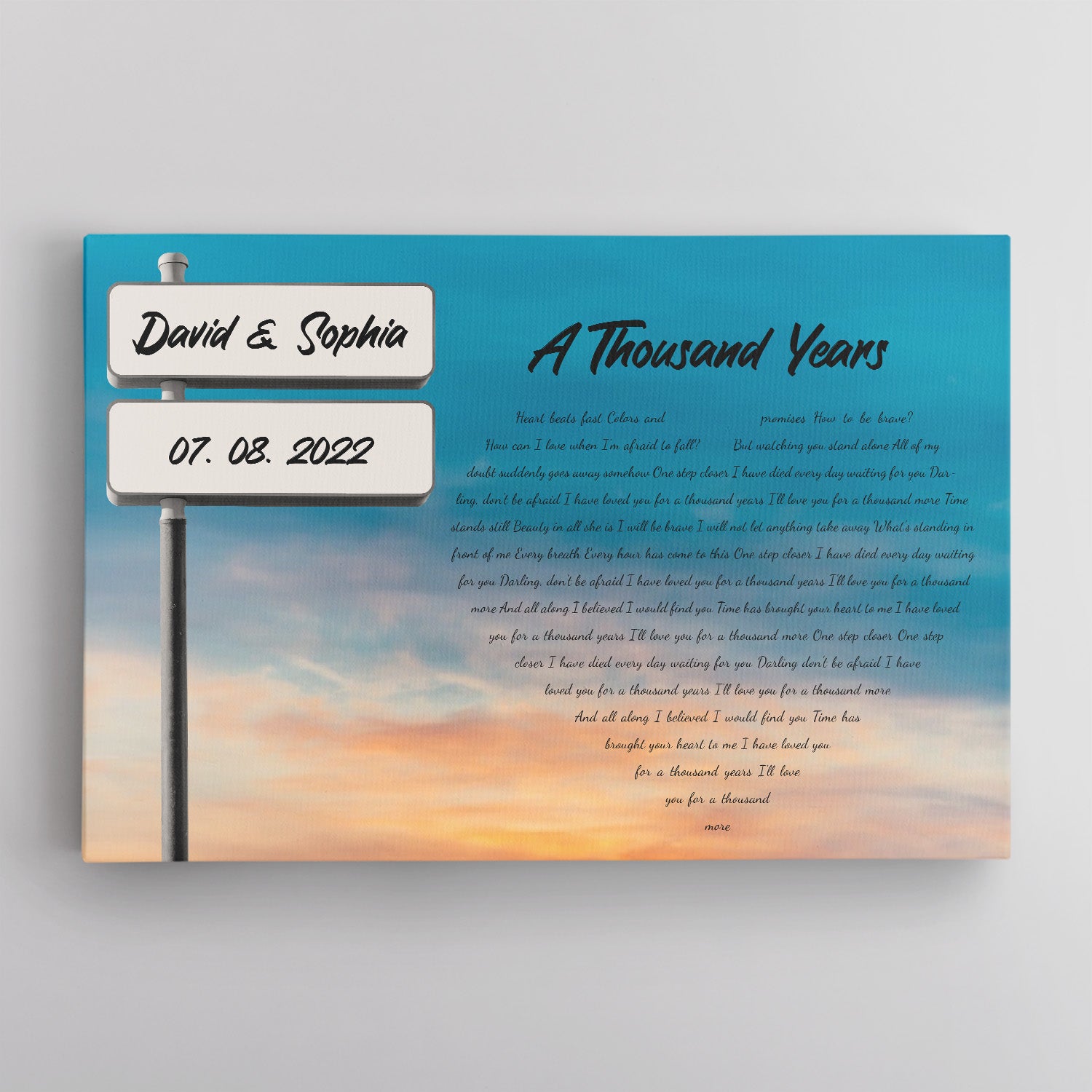 Custom Song Lyrics And Text, Street Sign, Sky Background, Heart Shape Canvas Wall Art