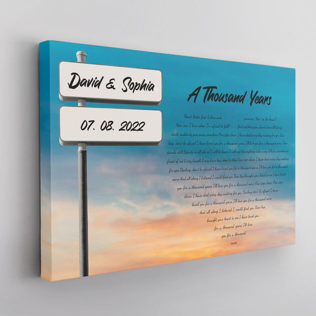 Custom Song Lyrics And Text, Street Sign, Sky Background, Heart Shape Canvas Wall Art