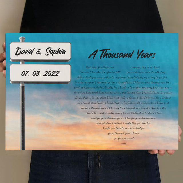 Custom Song Lyrics And Text, Street Sign, Sky Background, Heart Shape Canvas Wall Art