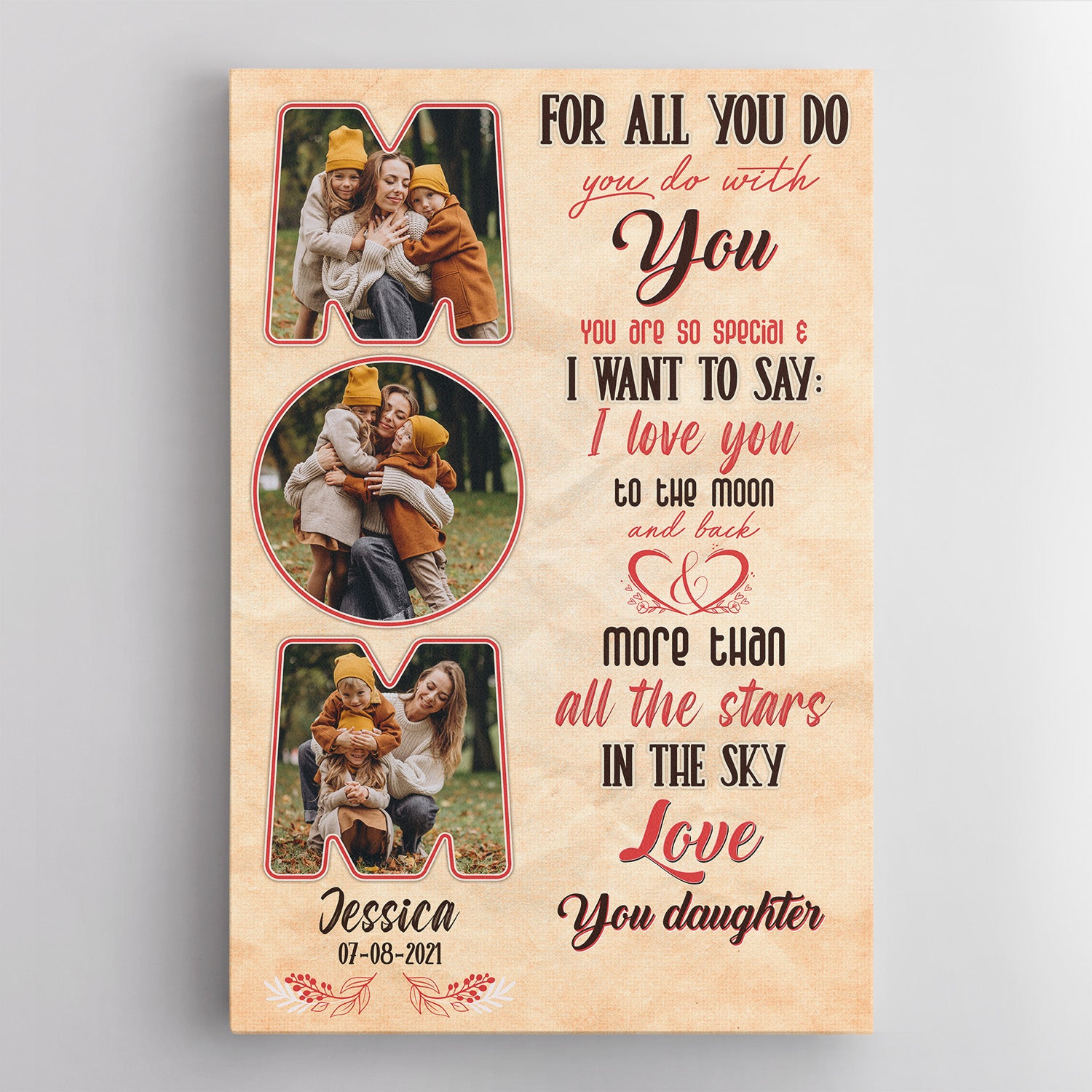 Custom Photo Name Date, Mom Daughter Canvas