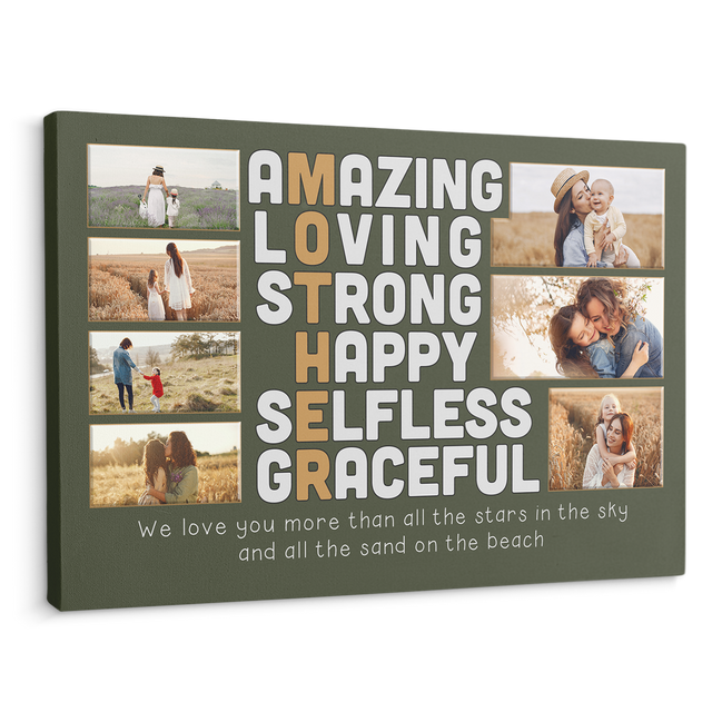 Mother, Amazing, Loving, Strong, Happy, Selfless, Graceful, Custom Photo 7 Pictures, Canvas Wall Art