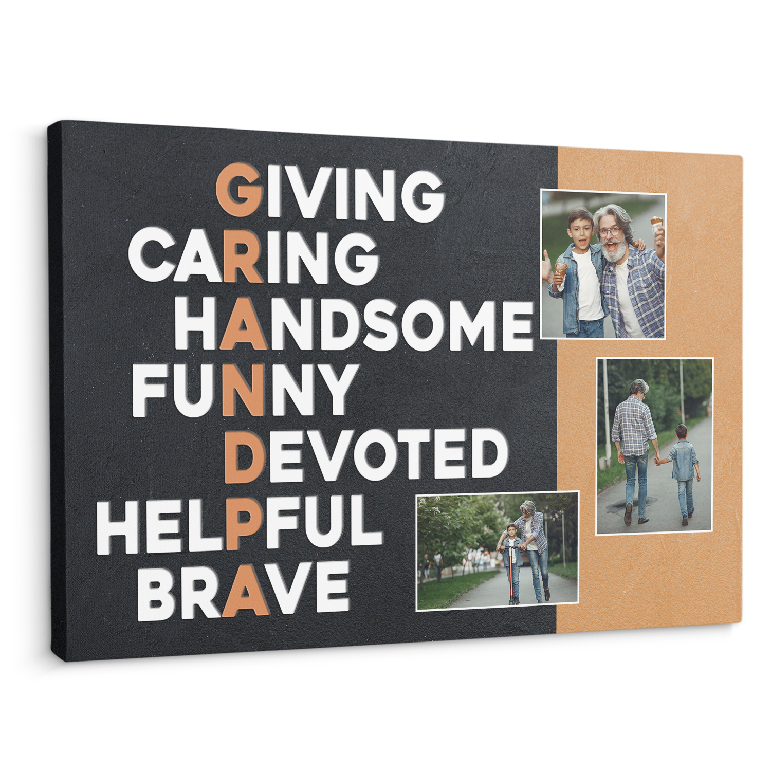 Grandpa, Giving, Caring, Handsome, Funny, Devoted, Helpful, Brave, Custom Photo, Custom Text Canvas Wall Art