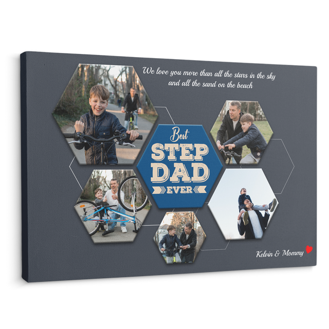 Best Stepdad Ever Custom Photo Collage - Customizable Navy Background Canvas
