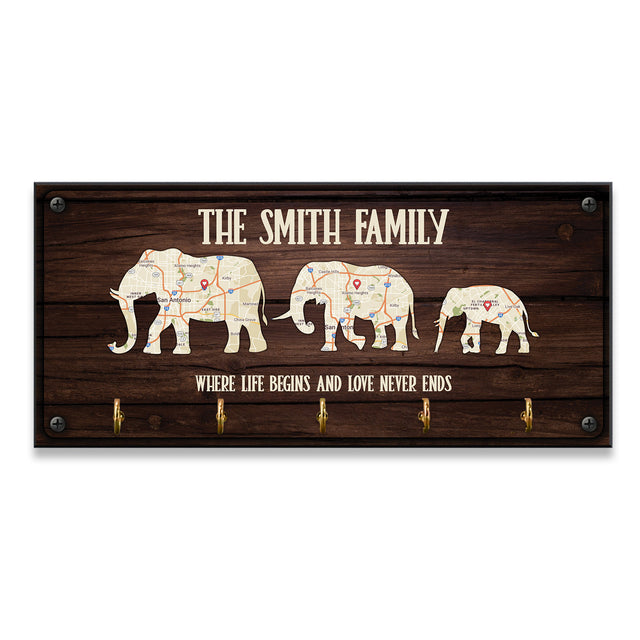 Custom Map Print By Location, Customizable Family Name, Family Elephant, Key Hook