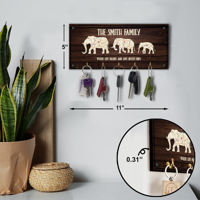 Custom Map Print By Location, Customizable Family Name, Family Elephant, Key Hook