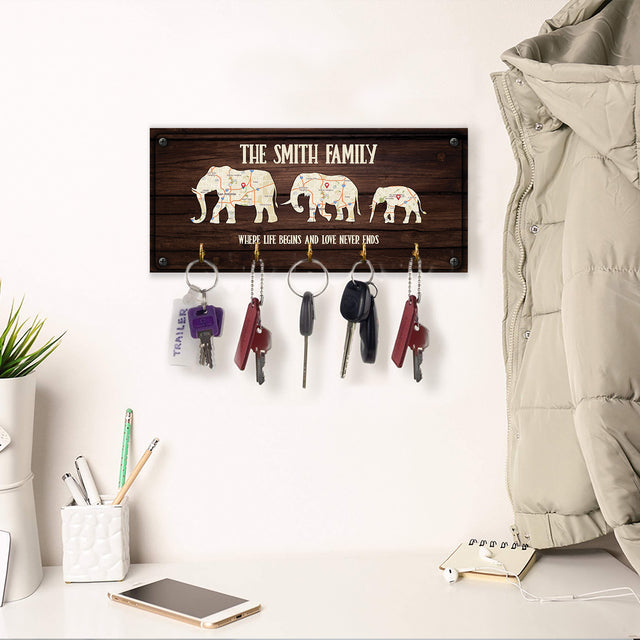 Custom Map Print By Location, Customizable Family Name, Family Elephant, Key Hook