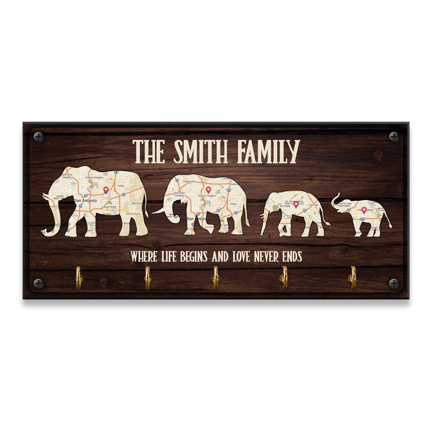 Custom Map Print By Location, Customizable Family Name, Family Elephant, Key Hook