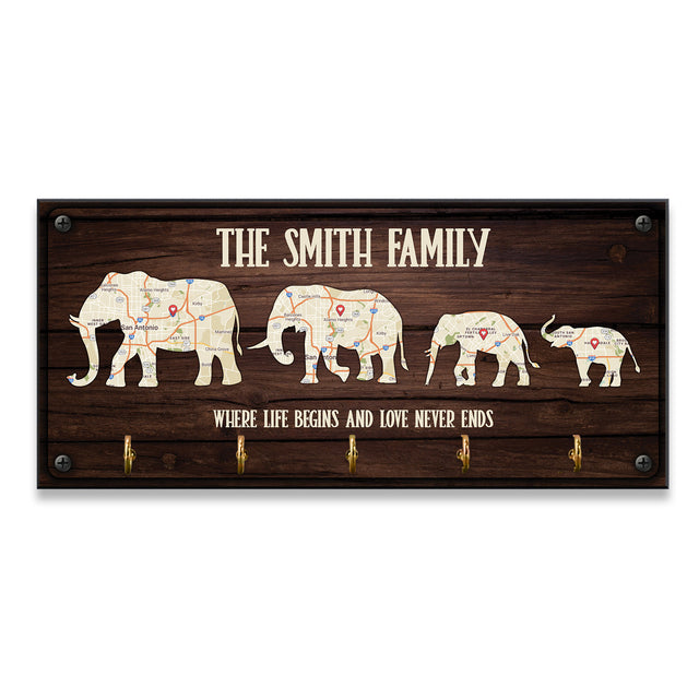 Custom Map Print By Location, Customizable Family Name, Family Elephant, Key Hook