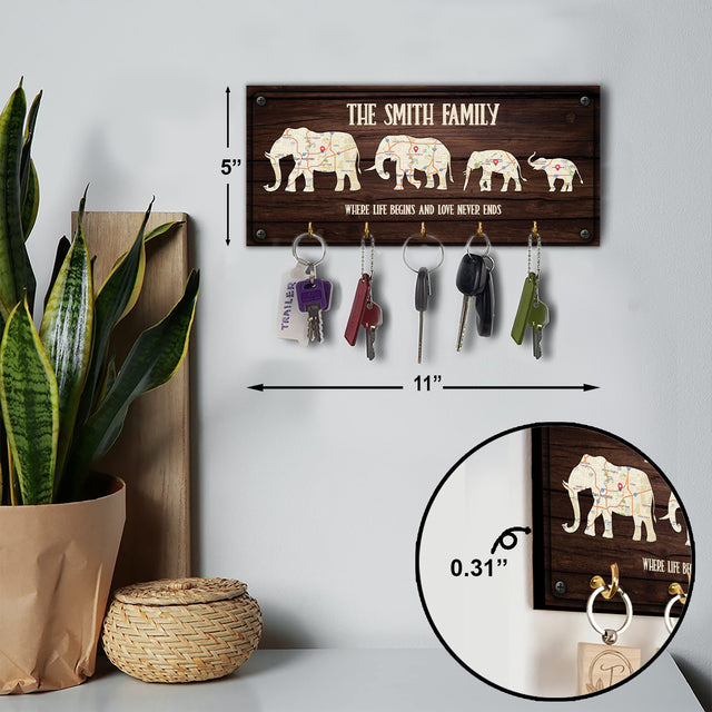 Custom Map Print By Location, Customizable Family Name, Family Elephant, Key Hook