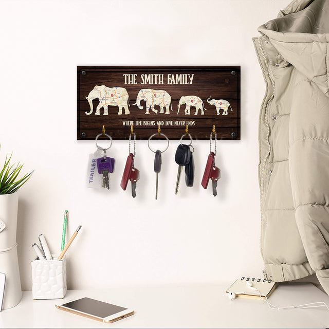 Custom Map Print By Location, Customizable Family Name, Family Elephant, Key Hook