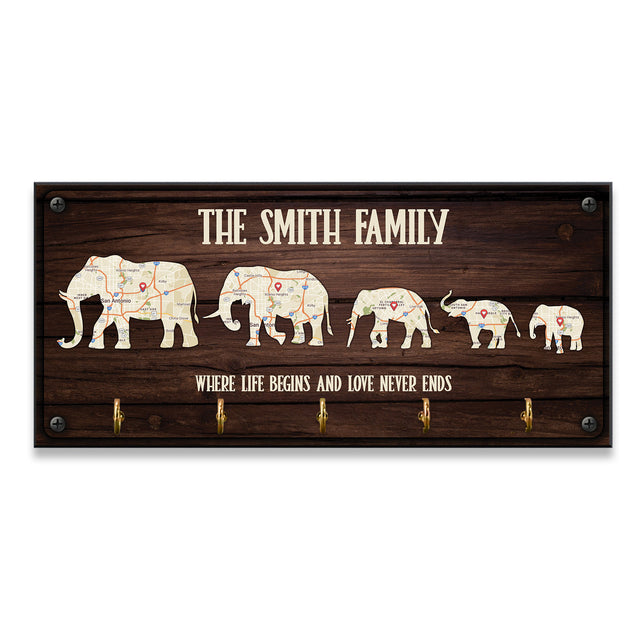 Custom Map Print By Location, Customizable Family Name, Family Elephant, Key Hook