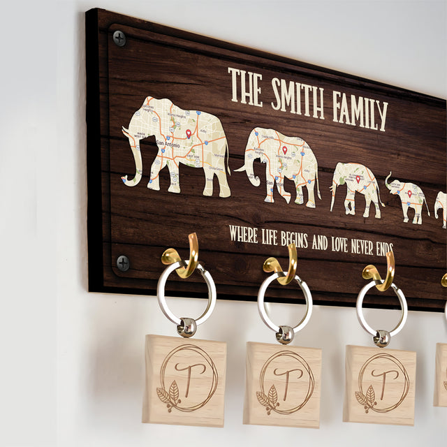 Custom Map Print By Location, Customizable Family Name, Family Elephant, Key Hook