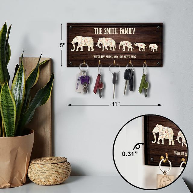 Custom Map Print By Location, Customizable Family Name, Family Elephant, Key Hook