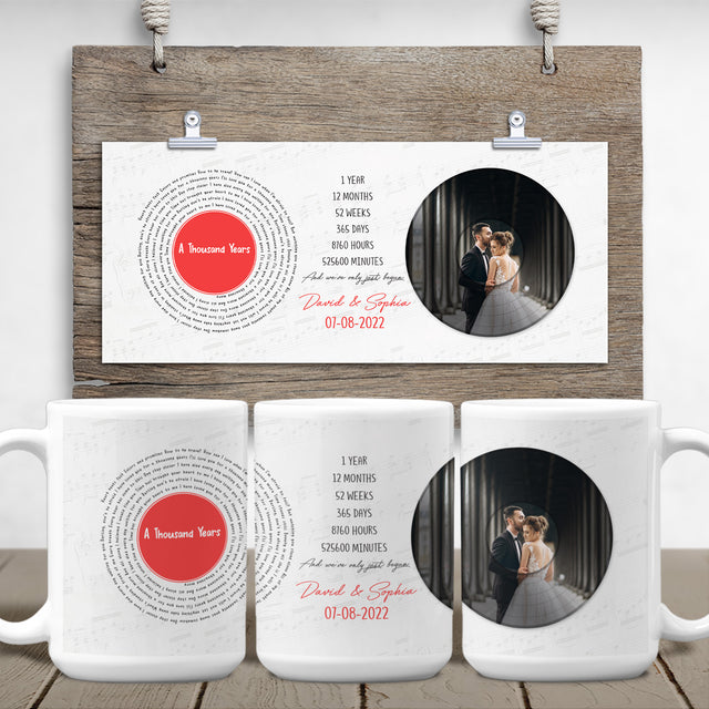 Custom Song Lyric White Mug, Vinyl Record, Upload Photo, 1 Year Anniversary Gift