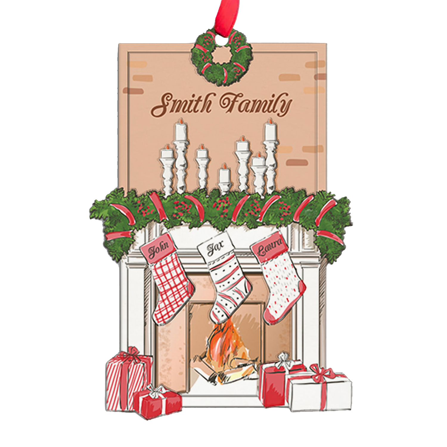 Personalized Name And Text, Family Name, Fireplace Stockings Personalized, 2 Layered Wood Christmas Ornament