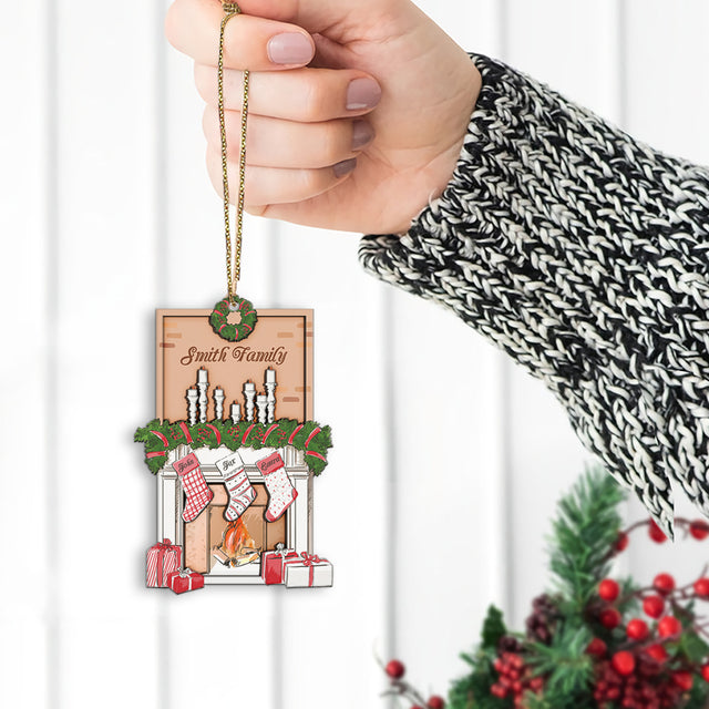 Personalized Name And Text, Family Name, Fireplace Stockings Personalized, 2 Layered Wood Christmas Ornament
