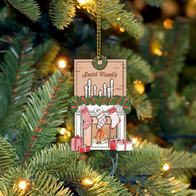 Personalized Name And Text, Family Name, Fireplace Stockings Personalized, 2 Layered Wood Christmas Ornament