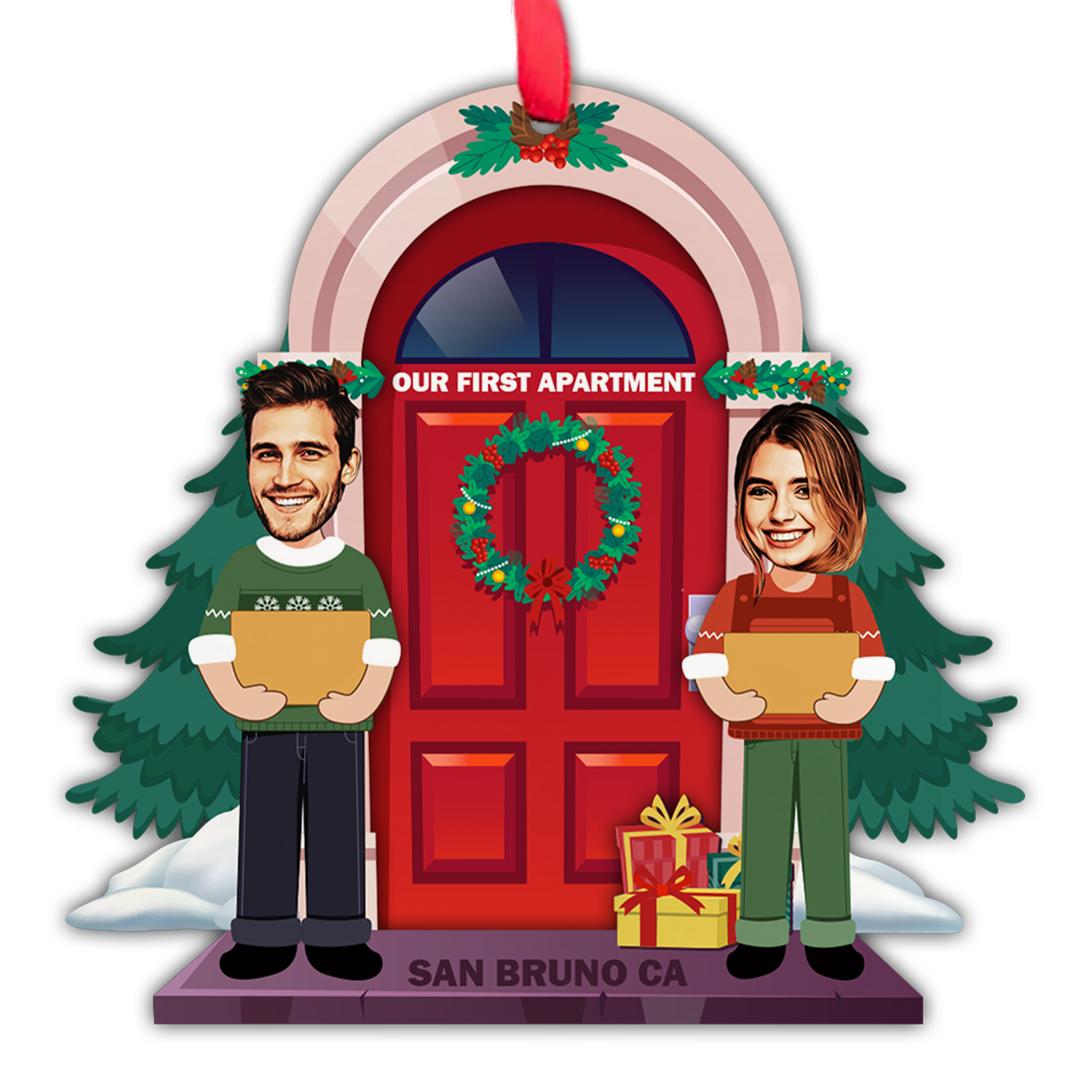 Personalized Name And Text, Face From Photo, Christmas Door, Christmas Shape Ornament 2 Layer