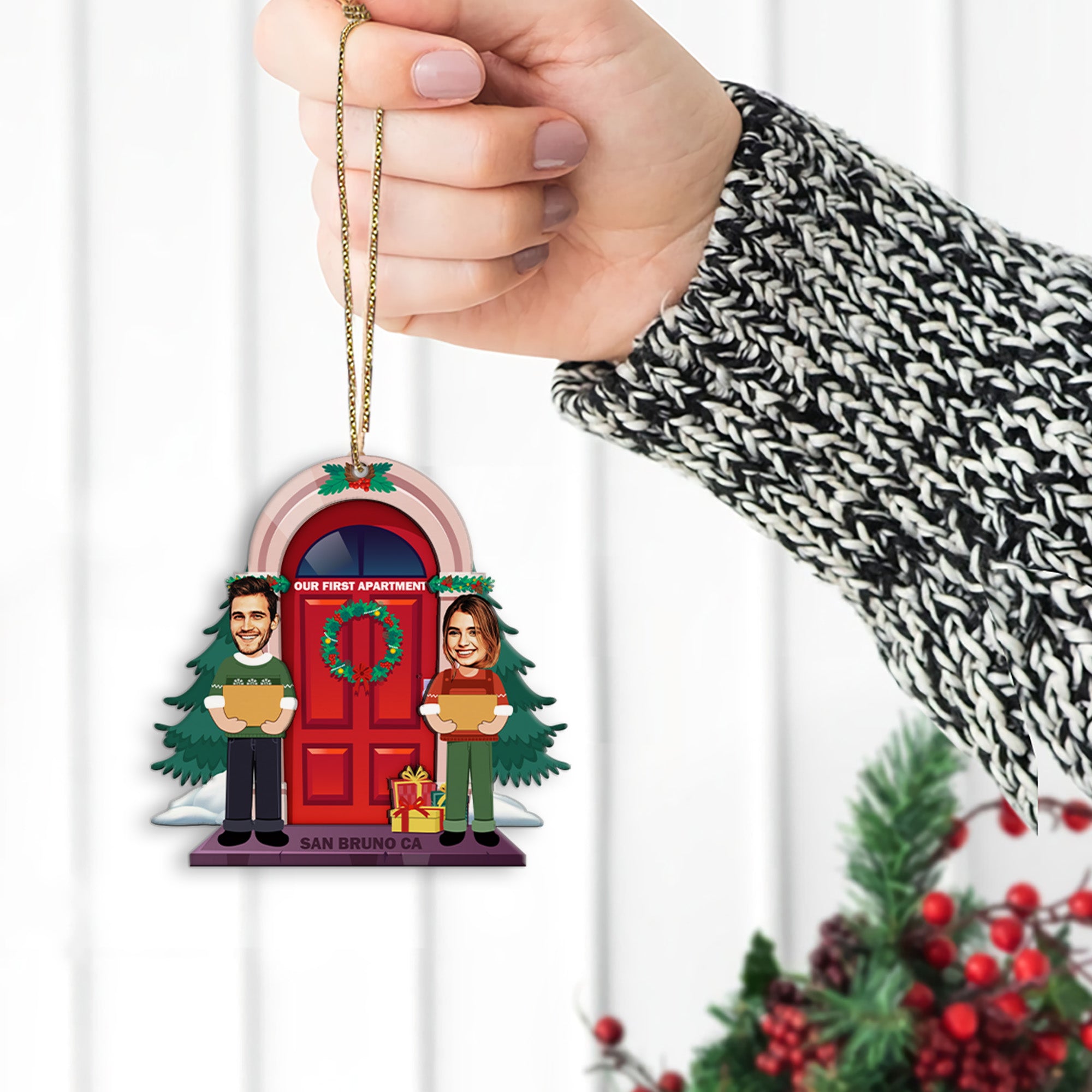 Personalized Name And Text, Face From Photo, Christmas Door, Christmas Shape Ornament 2 Layer