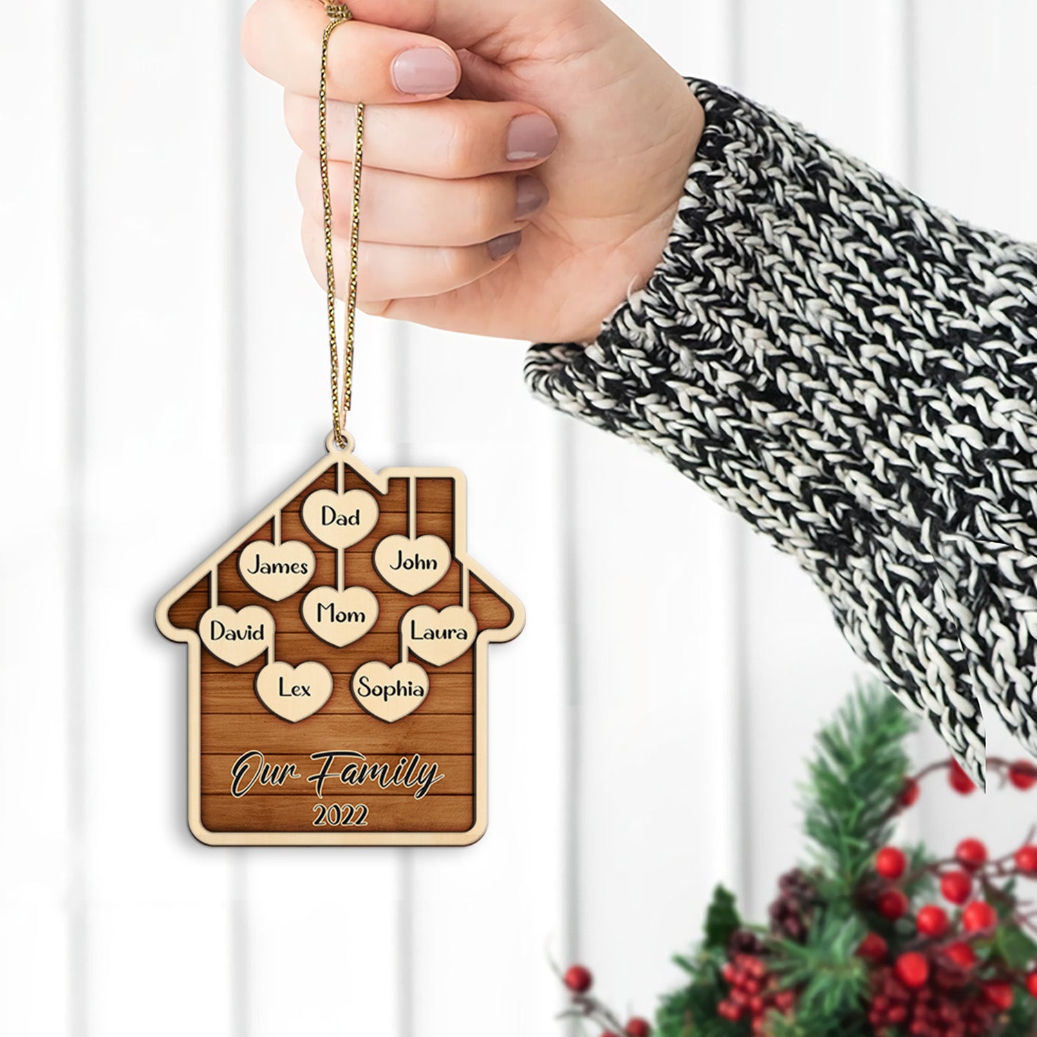 Personalized Family Christmas Ornament, Family Name, Christmas Heart House, Christmas Shape Ornament 2 Layer