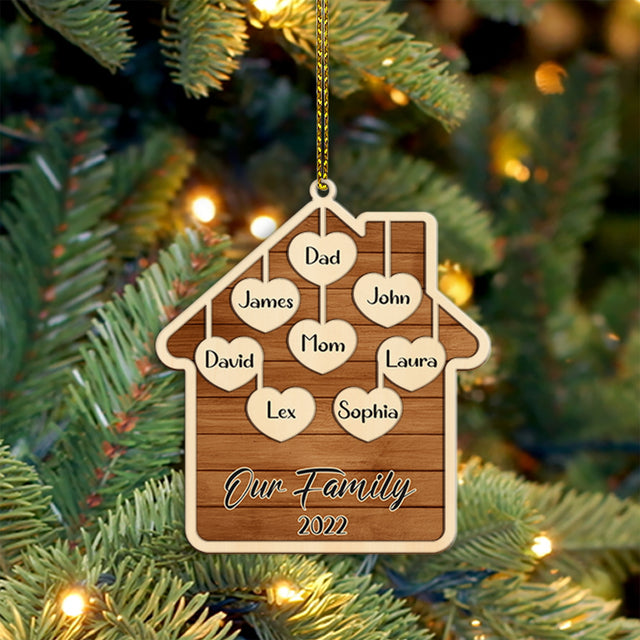 Personalized Family Christmas Ornament, Family Name, Christmas Heart House, Christmas Shape Ornament 2 Layer