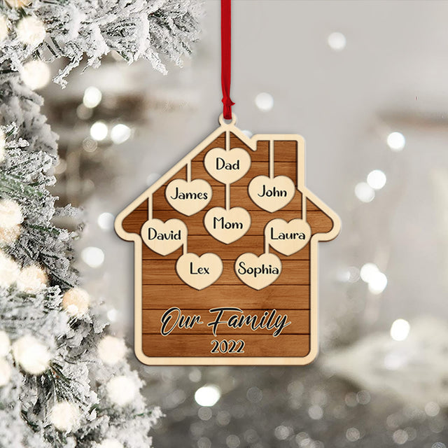 Personalized Family Christmas Ornament, Family Name, Christmas Heart House, Christmas Shape Ornament 2 Layer
