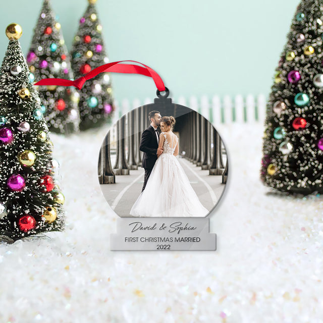 Personalized Name And Text, Custom Photo, First Christmas Married 2022, Christmas Shape Ornament 2 Sides