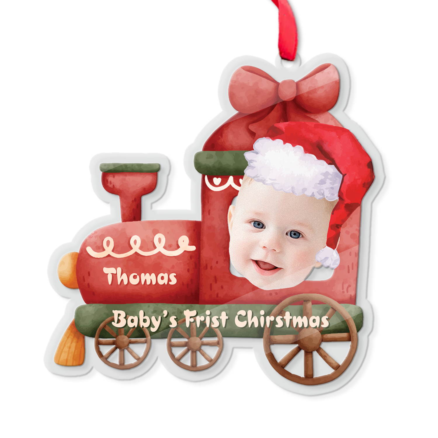 Face From Photo, Ornament For Baby, Christmas Train, Personalized Name And Text, Christmas Shape Ornament 2 Sides