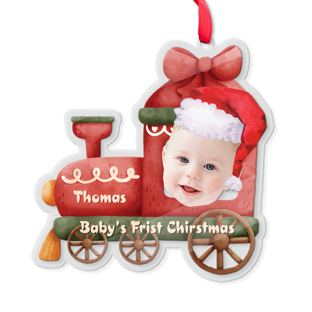 Face From Photo, Ornament For Baby, Christmas Train, Personalized Name And Text, Christmas Shape Ornament 2 Sides