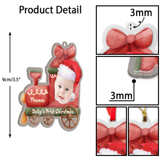 Face From Photo, Ornament For Baby, Christmas Train, Personalized Name And Text, Christmas Shape Ornament 2 Sides