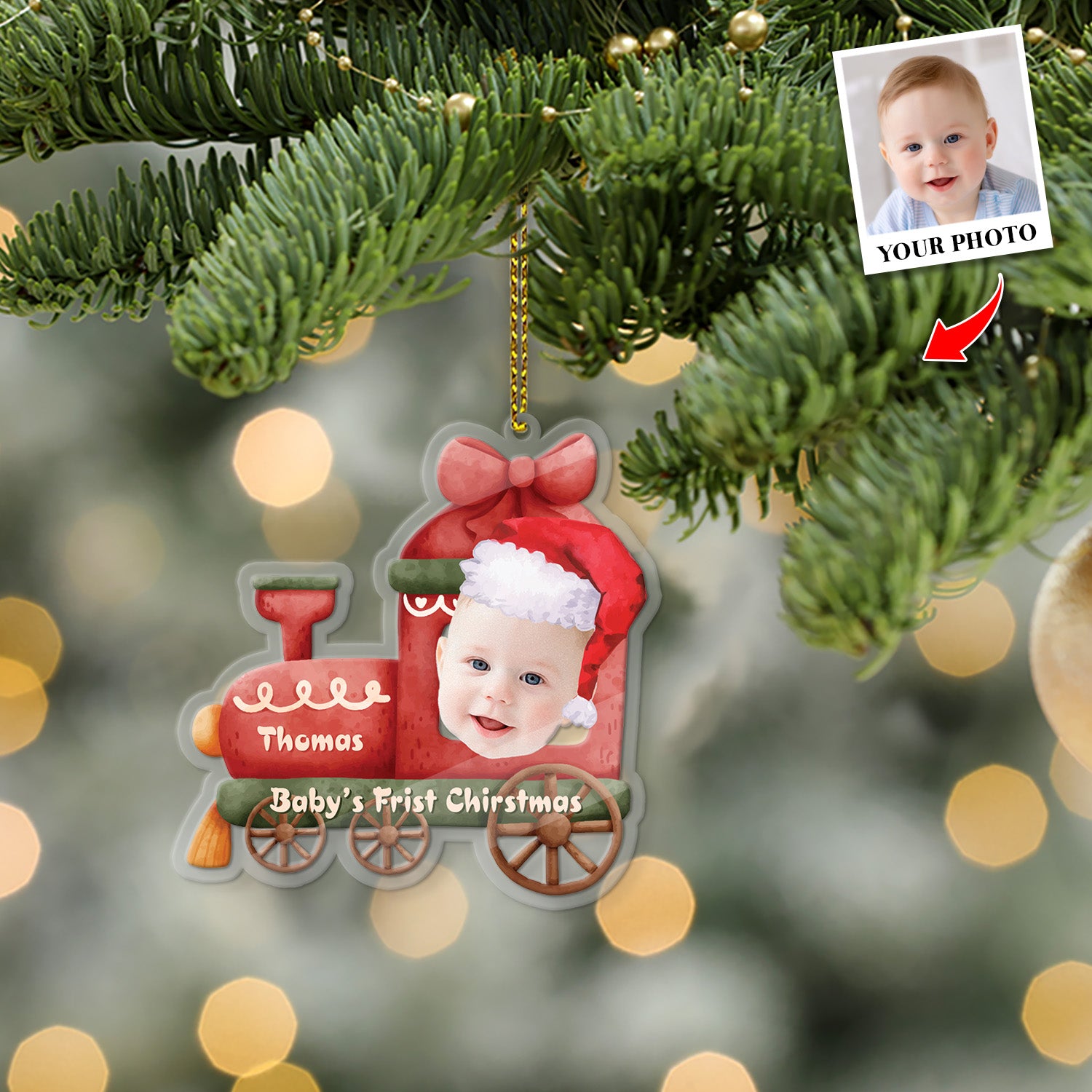 Face From Photo, Ornament For Baby, Christmas Train, Personalized Name And Text, Christmas Shape Ornament 2 Sides