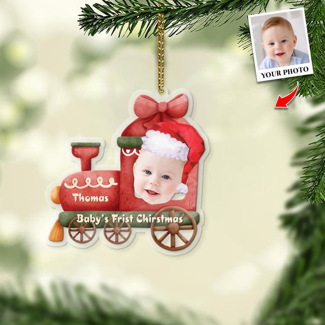Face From Photo, Ornament For Baby, Christmas Train, Personalized Name And Text, Christmas Shape Ornament 2 Sides