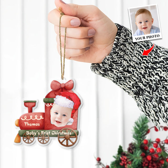 Face From Photo, Ornament For Baby, Christmas Train, Personalized Name And Text, Christmas Shape Ornament 2 Sides