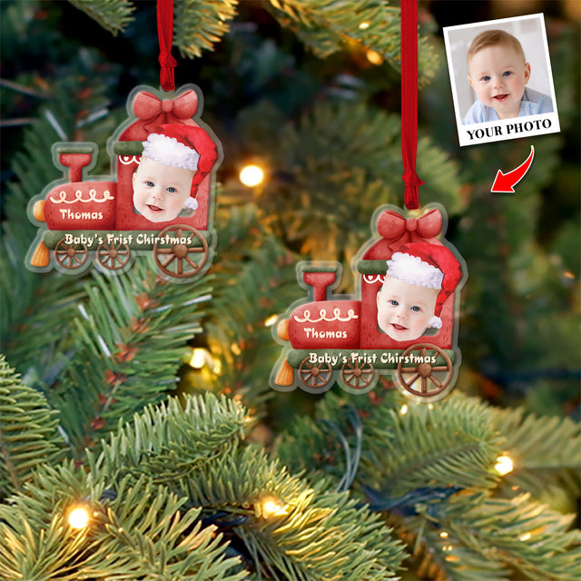 Face From Photo, Ornament For Baby, Christmas Train, Personalized Name And Text, Christmas Shape Ornament 2 Sides