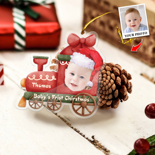 Face From Photo, Ornament For Baby, Christmas Train, Personalized Name And Text, Christmas Shape Ornament 2 Sides