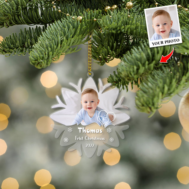 Personalized Name And Photo, Ornament For Baby, Baby's First Christmas, Snowflake, Christmas Shape Ornament 2 Sides