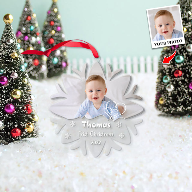 Personalized Name And Photo, Ornament For Baby, Baby's First Christmas, Snowflake, Christmas Shape Ornament 2 Sides