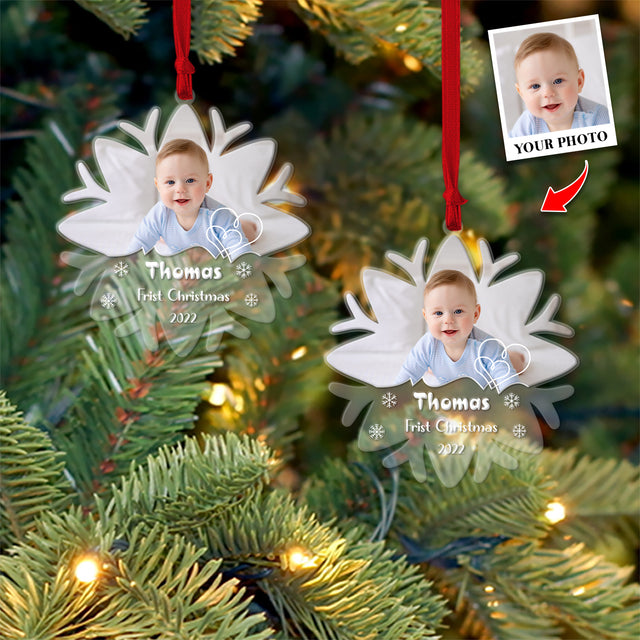 Personalized Name And Photo, Ornament For Baby, Baby's First Christmas, Snowflake, Christmas Shape Ornament 2 Sides
