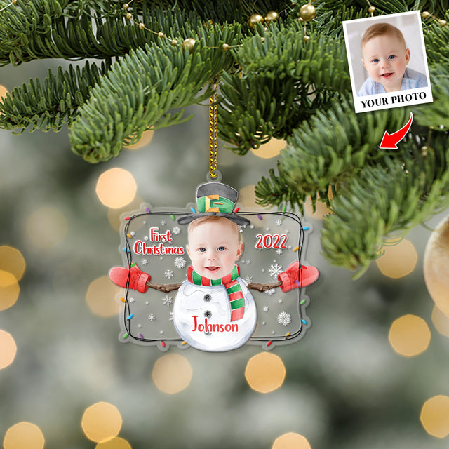 Personalized Name And Photo, Ornament For Baby, Baby's First Christmas, Snowman, Christmas Shape Ornament 2 Sides