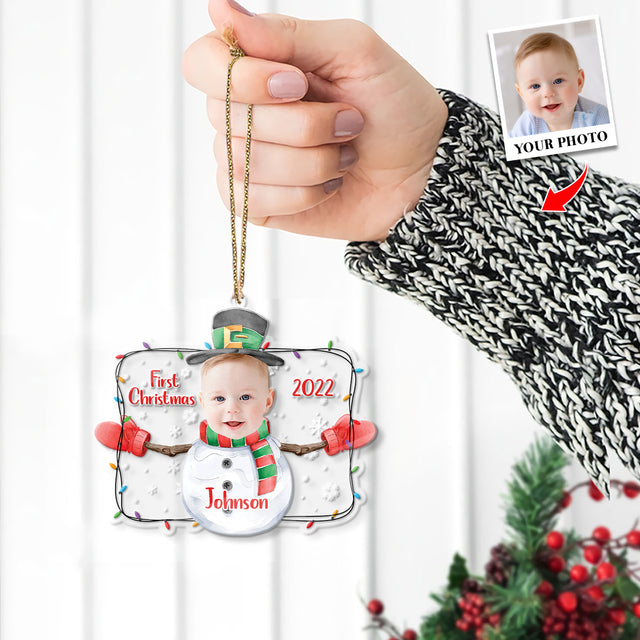 Personalized Name And Photo, Ornament For Baby, Baby's First Christmas, Snowman, Christmas Shape Ornament 2 Sides
